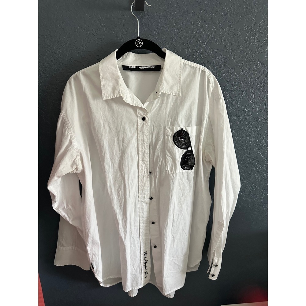 Karl Lagerfeld Paris Womens White Cotton Sunglasses Sequin Button Shirt
Signed